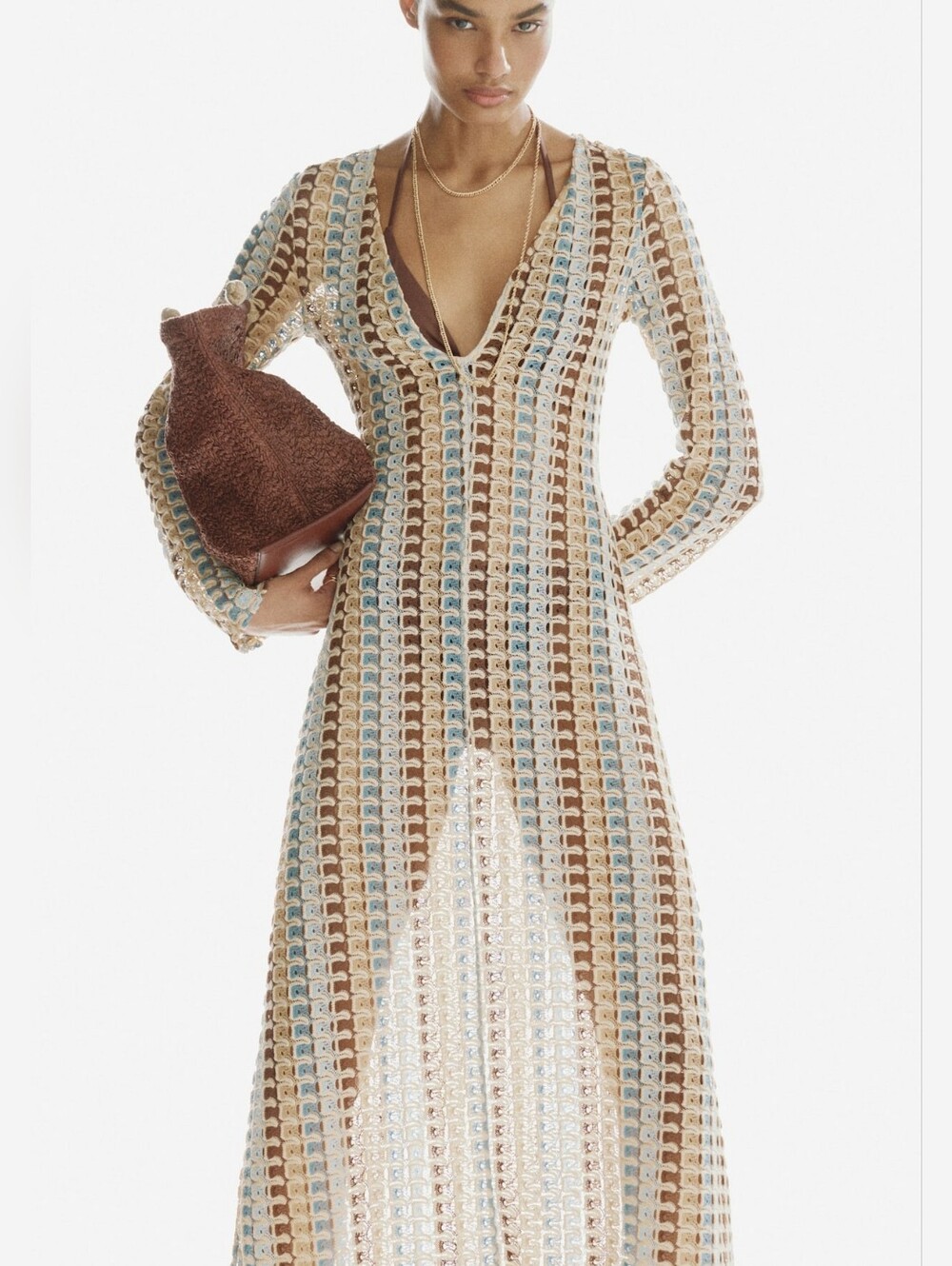 H&M Crochet-Look Maxi Dress Light beige/patterned Bnwt Unlined See-through - Picture 10 of 16